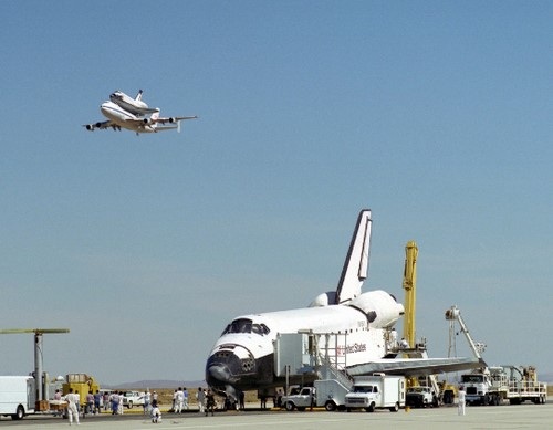 Endeavour on Runway with Columbia on SCA Overhead 